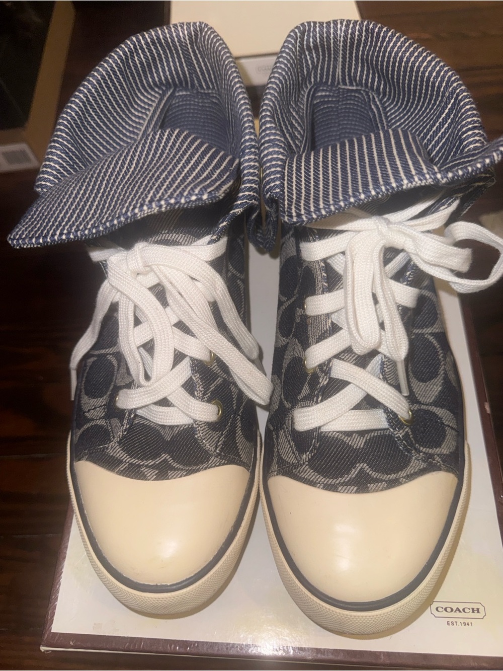 Coach High Top Sneakers – Signature Denim Print – Women’s Size 8 – Authentic